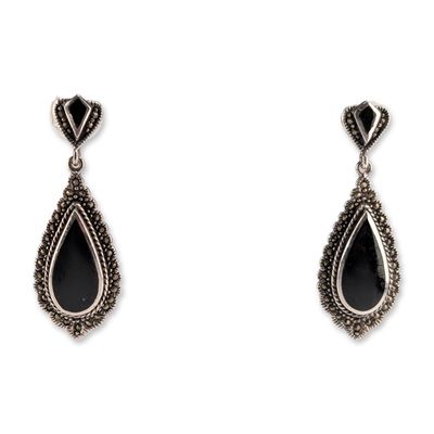 Sale Photo Thumbnail #419: Sterling Silver Onyx and Marcasite Drop Earrings