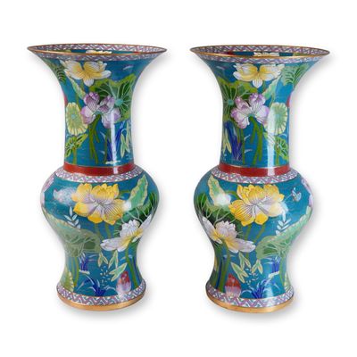 Sale Photo Thumbnail #297: Pair of Chinese Cloisonne Lotus Design Vases