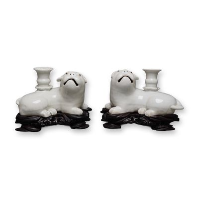 Sale Photo Thumbnail #499: Pair of Chinese Porcelain Blanc de Chine Pug Dog Candleholders w/ Wooden Stands