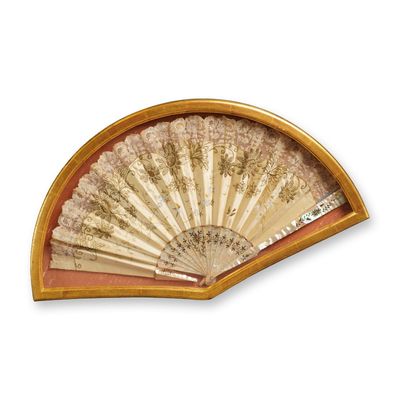 Sale Photo Thumbnail #307: European Mother of Pearl Folding Fan with Floral Metallic Sequins Design