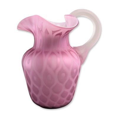 Sale Photo Thumbnail #702: Victorian Pink Satin Mother of Pearl Glass Pitcher w/ Ruffled Trefoil Rim