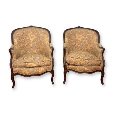 Sale Photo Thumbnail #10: Pair of Louis XV Walnut Bergeres French Accent Armchairs