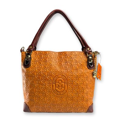 Sale Photo Thumbnail #678: Marino Orlandi Italy Mustard Leather Embossed Logo Satchel