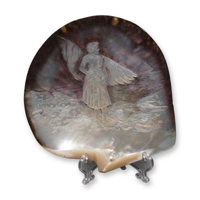 Sale Photo Thumbnail #313: Carved Mother of Pearl Shell, Lady on Shore looking at Boat