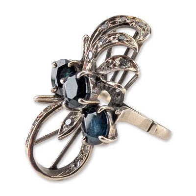 Sale Photo Thumbnail #406: Vintage 10K White Gold Sapphire and Diamond Floral Spray Ring