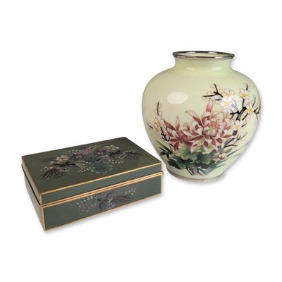 Sale Photo Thumbnail #271: 2pc Japanese Cloisonne Enamel Vase and Metal Box