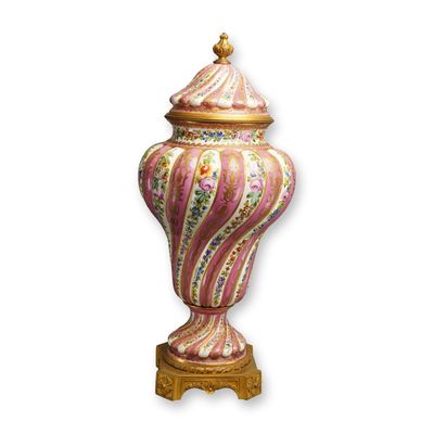 Sale Photo Thumbnail #146: French Late 19th Century Sevres-Style Ormolu-Mounted Pink and White Porcelain Covered Urn