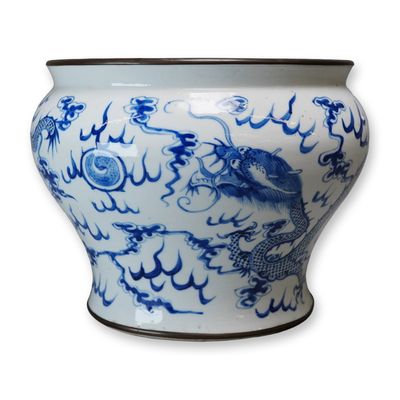 Sale Photo Thumbnail #595: Blue and White Dragon Vase with Copper Rim