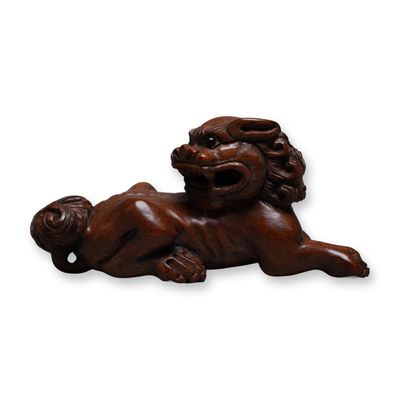 Sale Photo Thumbnail #266: Japanese Carved Wood Netsuke Shi Shi Foo Dog Guardian Lion