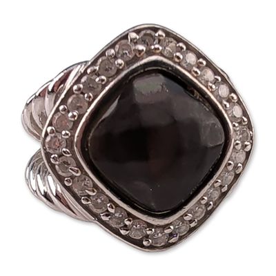 Sale Photo Thumbnail #176: Sterling Silver Black Mother of Pearl and Clear Stone Halo Ring