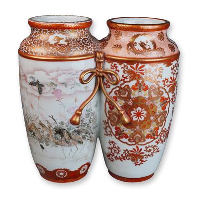 Sale Photo Thumbnail #57: Japanese Kutani Porcelain Conjoined Twin Vase, Insect and Floral Motif