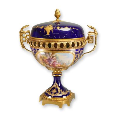 Sale Photo Thumbnail #150: French 19th Century Sevres-Style Bleu de Roi Porcelain Covered Urn with Ormolu Mounts