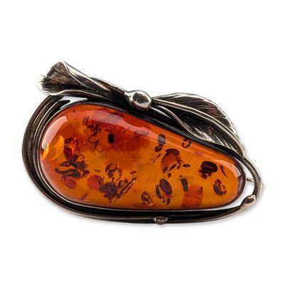 Sale Photo Thumbnail #654: Large Vintage Sterling Silver and Cognac Amber Foliate Motif Pendant Brooch