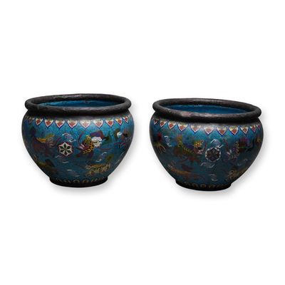 Sale Photo Thumbnail #295: 2pc Chinese Cloisonne Planters Buddhist Foo Dog Design