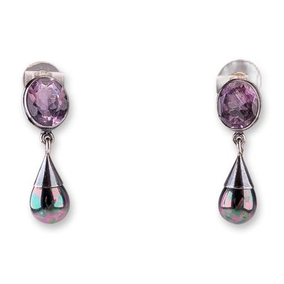 Sale Photo Thumbnail #648: Pair of Indian Sterling Silver Amethyst and Iridescent Drop Earrings