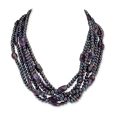 Sale Photo Thumbnail #399: Six-Strand Peacock Freshwater Pearl and Amethyst Necklace