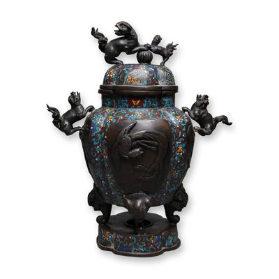 Sale Photo Thumbnail #61: Japanese Champleve Enamel Lions, Elephants, and Phoenixes Motif Censer