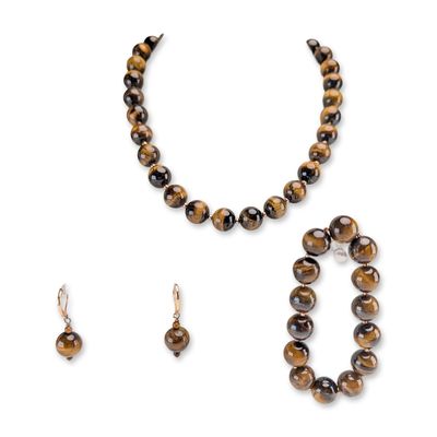 Sale Photo Thumbnail #202: 3pc Tiger's Eye and Rose Gold-Toned Jewelry Suite