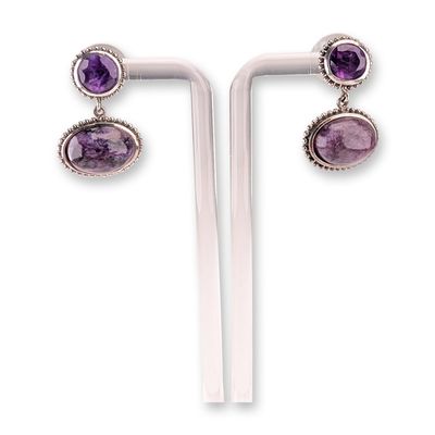 Sale Photo Thumbnail #647: Sterling Silver Amethyst and Charoite Drop Earrings