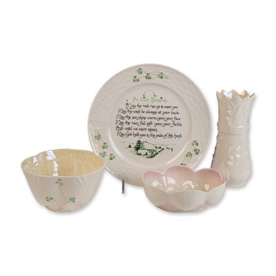 Sale Photo Thumbnail #475: 4pc Belleek Parian Porcelain Tableware, Plate, Vase, Dishes