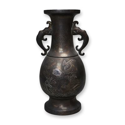 Sale Photo Thumbnail #34: Japanese Bronze Vase Silver Inlay of Flowers and Birds