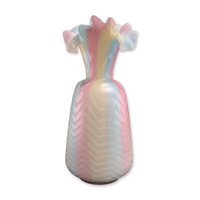Sale Photo Thumbnail #253: Victorian Rainbow Mother of Pearl Satin Glass Herringbone Pattern Vase