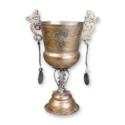 Sale Photo Thumbnail #80: Spanish Colonial Silver Washed Brass Chalice with Sterling Silver Coin Drops
