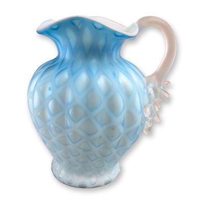 Sale Photo Thumbnail #703: Victorian Blue Mother of Pearl Diamond Quilted Art Glass Pitcher