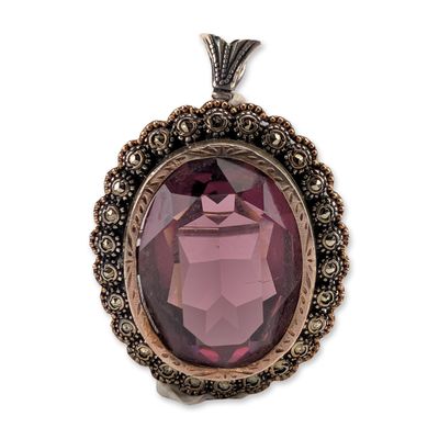 Sale Photo Thumbnail #425: Art Deco Style 800 Silver Marcasite and Purple Glass Pendant Brooch