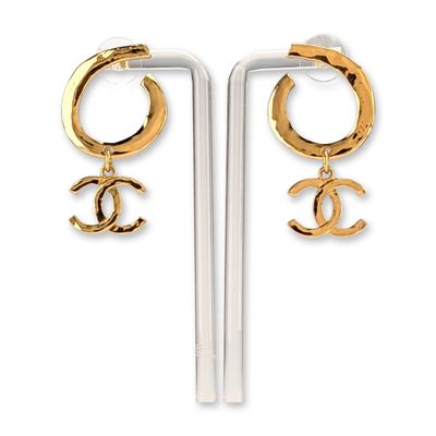 Sale Photo Thumbnail #417: Chanel Gold-Tone Hammered CC Logo Hoop Drop Earrings