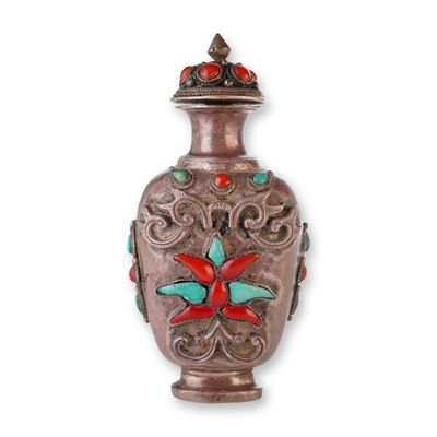 Sale Photo Thumbnail #551: Mongolian Silver Repousse Snuff Bottle, Green and Red Lotus Flower