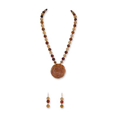 Sale Photo Thumbnail #195: 2pc Carved Carnelian Rose and Agate Jewelry Set