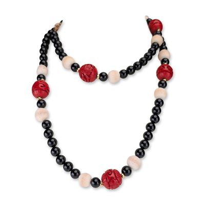 Sale Photo Thumbnail #621: 14K Gold Onyx Sponge Coral and Carved Cinnabar Bead Necklace