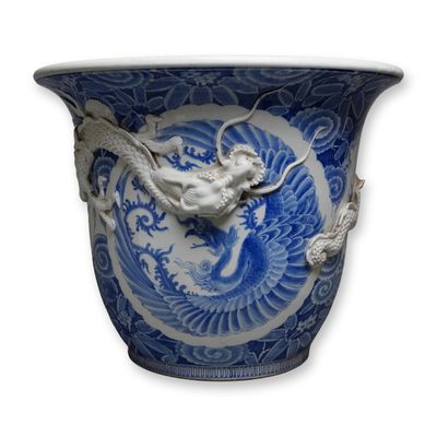 Sale Photo Thumbnail #28: Japanese Blue and White Arita Jardiniere w/ Raised Dragon