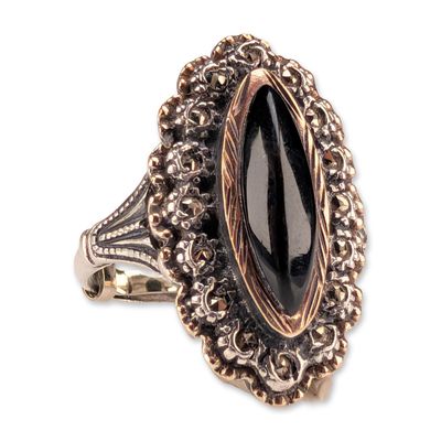 Sale Photo Thumbnail #179: Vintage Sterling Silver and Gold Marcasite and Black Onyx Ring