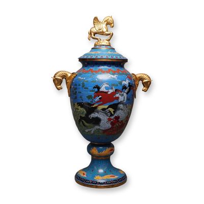 Sale Photo Thumbnail #296: Chinese Cloisonne Covered Urn with Horse Design