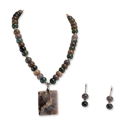 Sale Photo Thumbnail #430: 2pc Moss Agate and Silver Necklace and Earrings