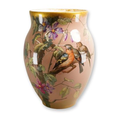 Sale Photo Thumbnail #599: Impressive Large European Hand-Painted Porcelain Vase with Avian Scenes, Late 19th / Early 20th