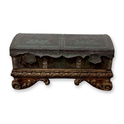 Sale Photo Thumbnail #369: Spanish Colonial Tooled Leather Chest on Carved Wooden Base