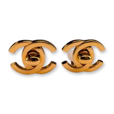 Sale Photo Thumbnail #12: Chanel 1996 Gold-Tone Turn-Lock Clip-On Earrings