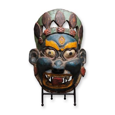 Sale Photo Thumbnail #527: Large Tibetan Carved Wood and Polychrome Mask of a Demon