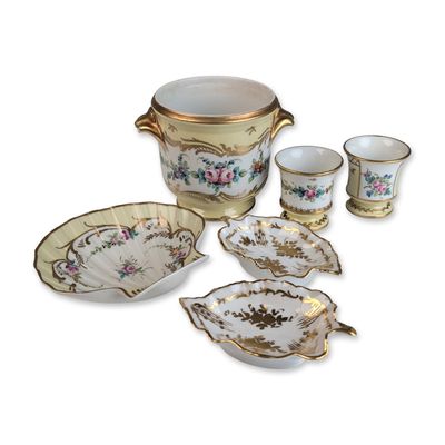 Sale Photo Thumbnail #239: 6pc Limoges France Hand Painted Floral Porcelain Cups, Dishes, Cachepot