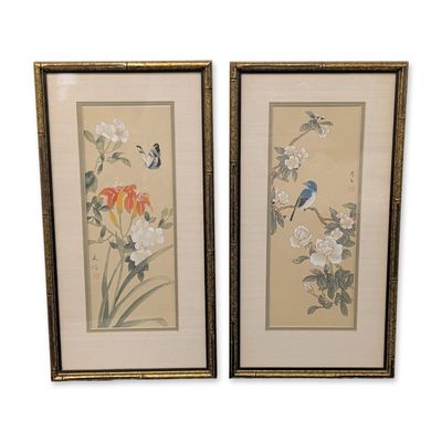 Sale Photo Thumbnail #516: 2pc Chinese Style Silk Bird and Flower Paintings, Signed with Seals