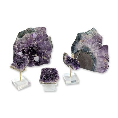 Sale Photo Thumbnail #673: 5pc Natural Amethyst Quartz Crystal Geode Bookends and Cluster Assortment