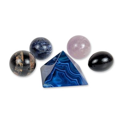 Sale Photo Thumbnail #672: 5pc Brazilian Blue Agate Pyramid Amethyst Sodalite Obsidian Polished Stone Specimen Collection