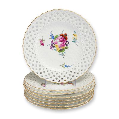 Sale Photo Thumbnail #217: 8pc Meissen Reticulated Porcelain Cabinet Plates Set, Late 18th Century