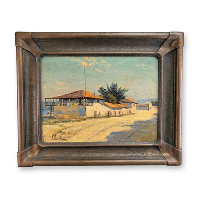 Sale Photo Thumbnail #117: Manuel Valencia (American, 1856-1935), Oil on Board, Old Custom House, Monterey, Signed
