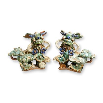Sale Photo Thumbnail #292: Pair of Chinese Glazed Pottery Guardian Lion Figures (Foo Dogs), 19th Century