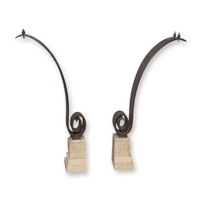 Sale Photo Thumbnail #540: Pair of French Art Deco Wrought Iron Andirons, Early 20th Century