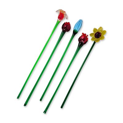 Sale Photo Thumbnail #26: 5pc Murano Style Blown Glass Long Stem Flowers